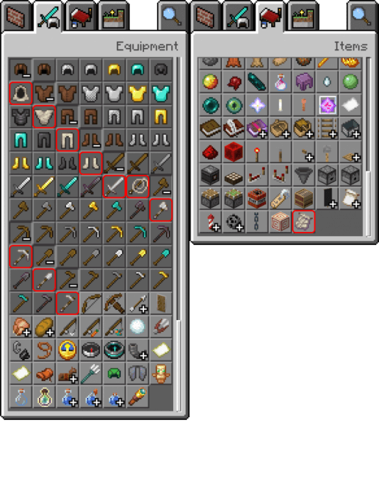 Invisibility Armor, Weapons, Whip, and Tools in Creative Inventory